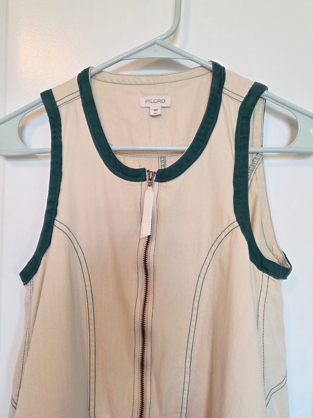 Pilcro / Anthropolige Cream A-Line Sleeveless Dress with Green Trim - Picture 3 of 6